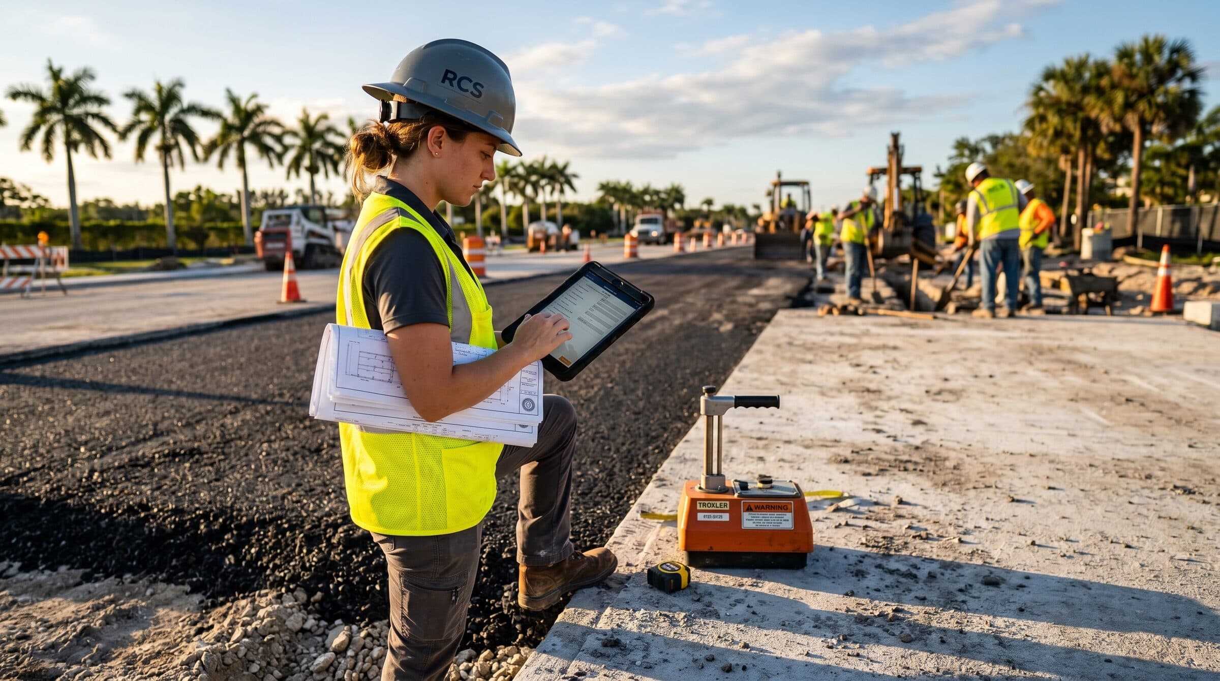 RCS field inspector documenting utility placement against the approved plans before backfill — acting on behalf of the Engineer of Record